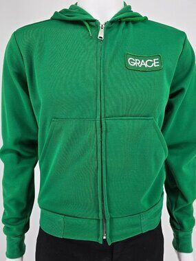 Vintage 1970s K-Brand "Grace" Patch Kelly Green Ideal Zipper Zip Hoodie (S)